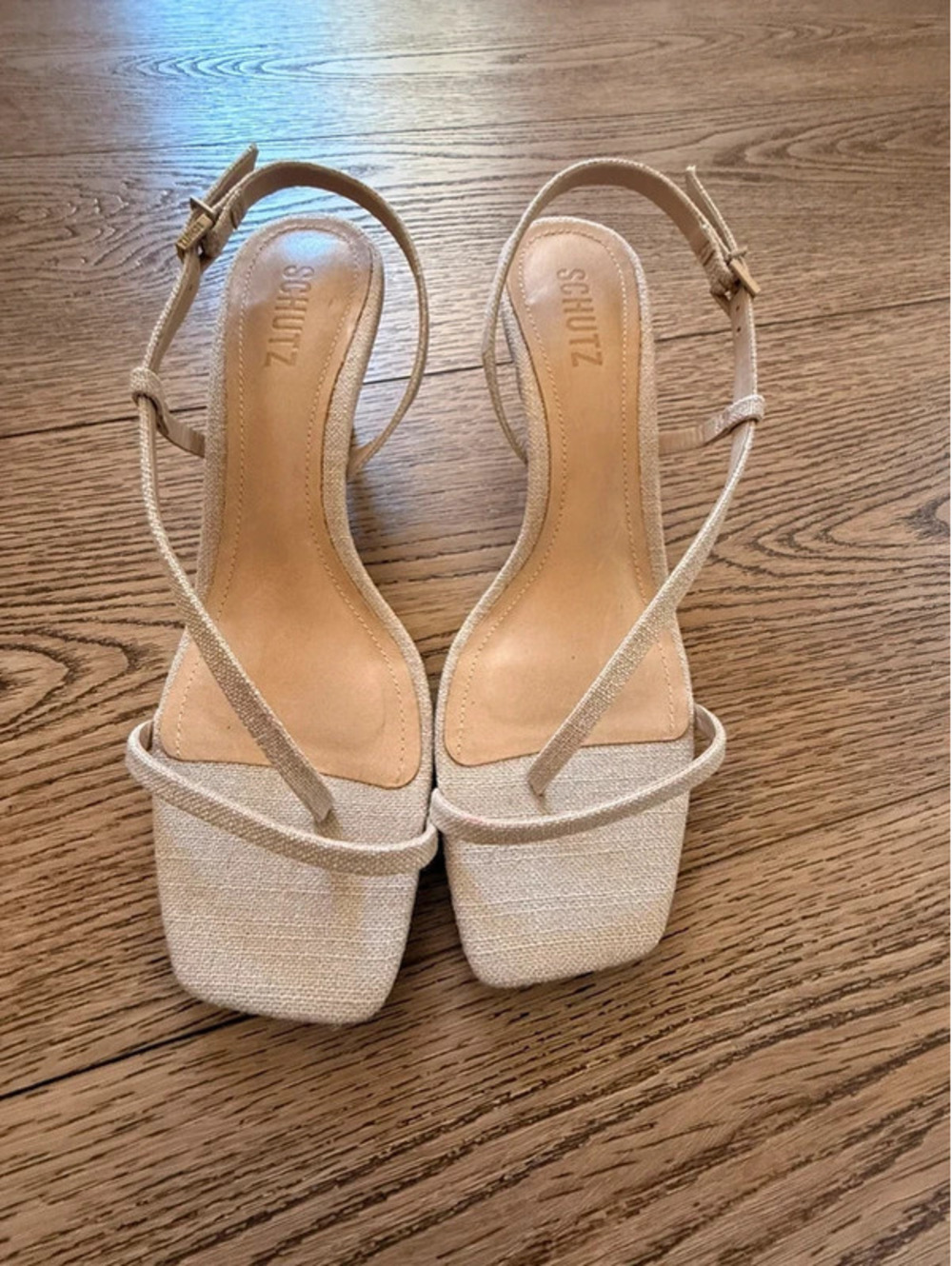 Schutz Strappy Square Toe Heeled Sandals Natural Linen Slingback Size 9